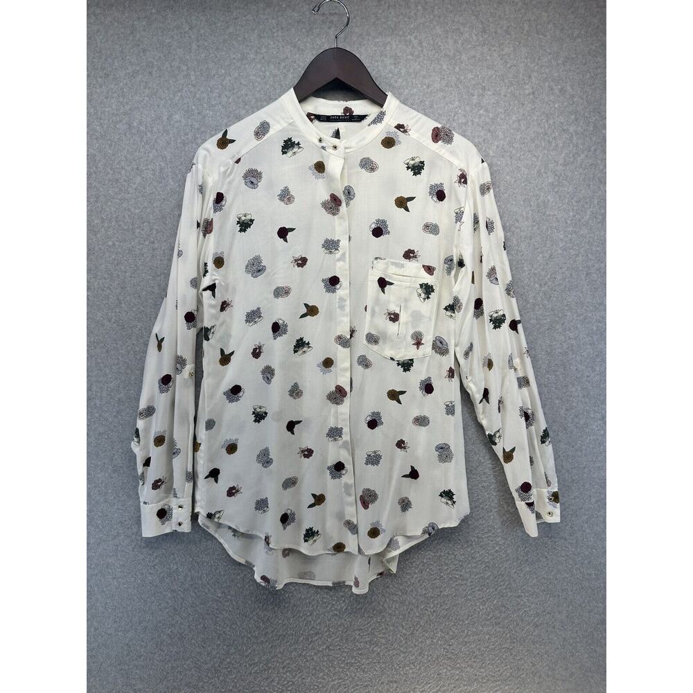 Zara Basic Womens Shirt White Floral Long Sleeve Round Neck Roll Tab Sleeves M